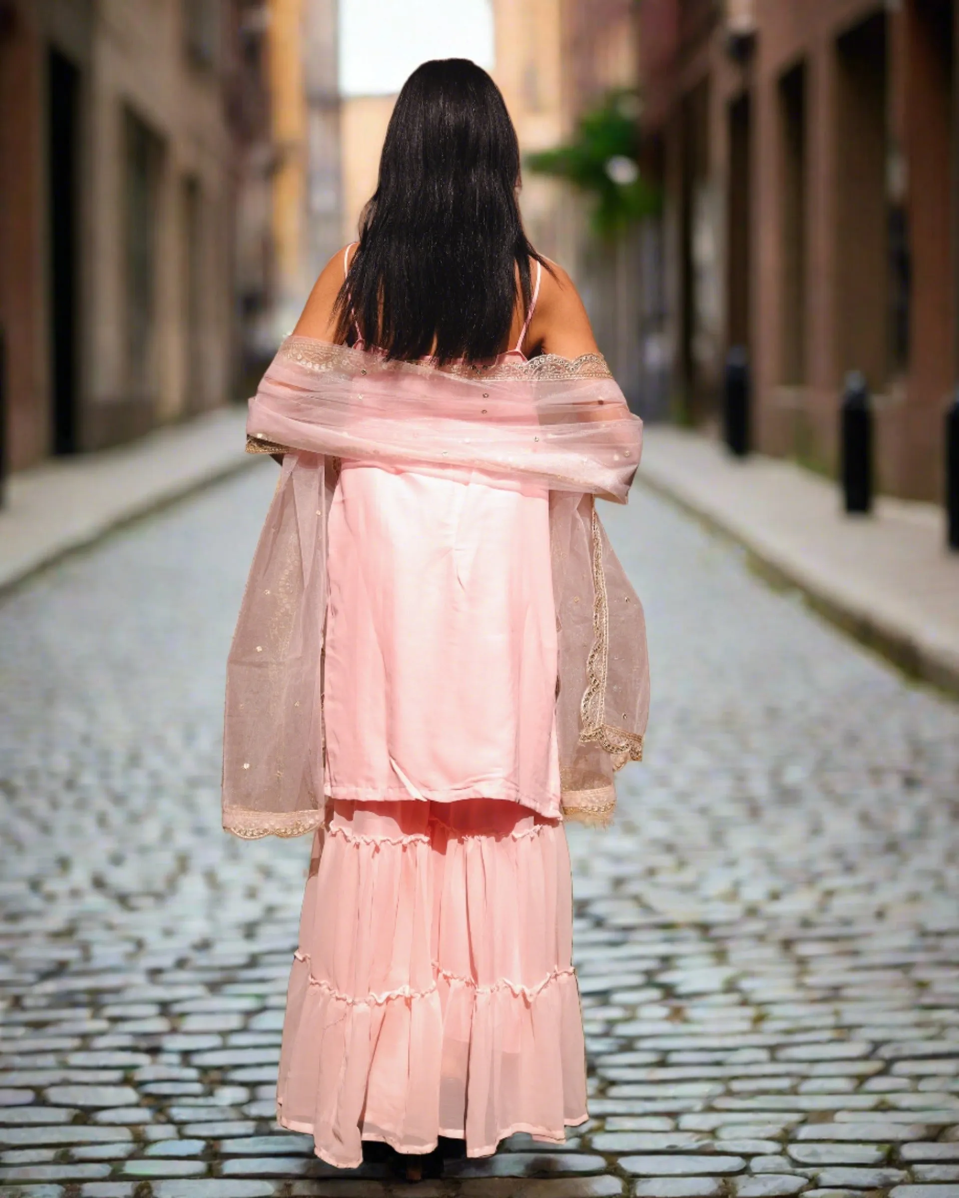 Fancy Embroidered Georgette Silk Peachy Pink Ruffle Sharara Suit