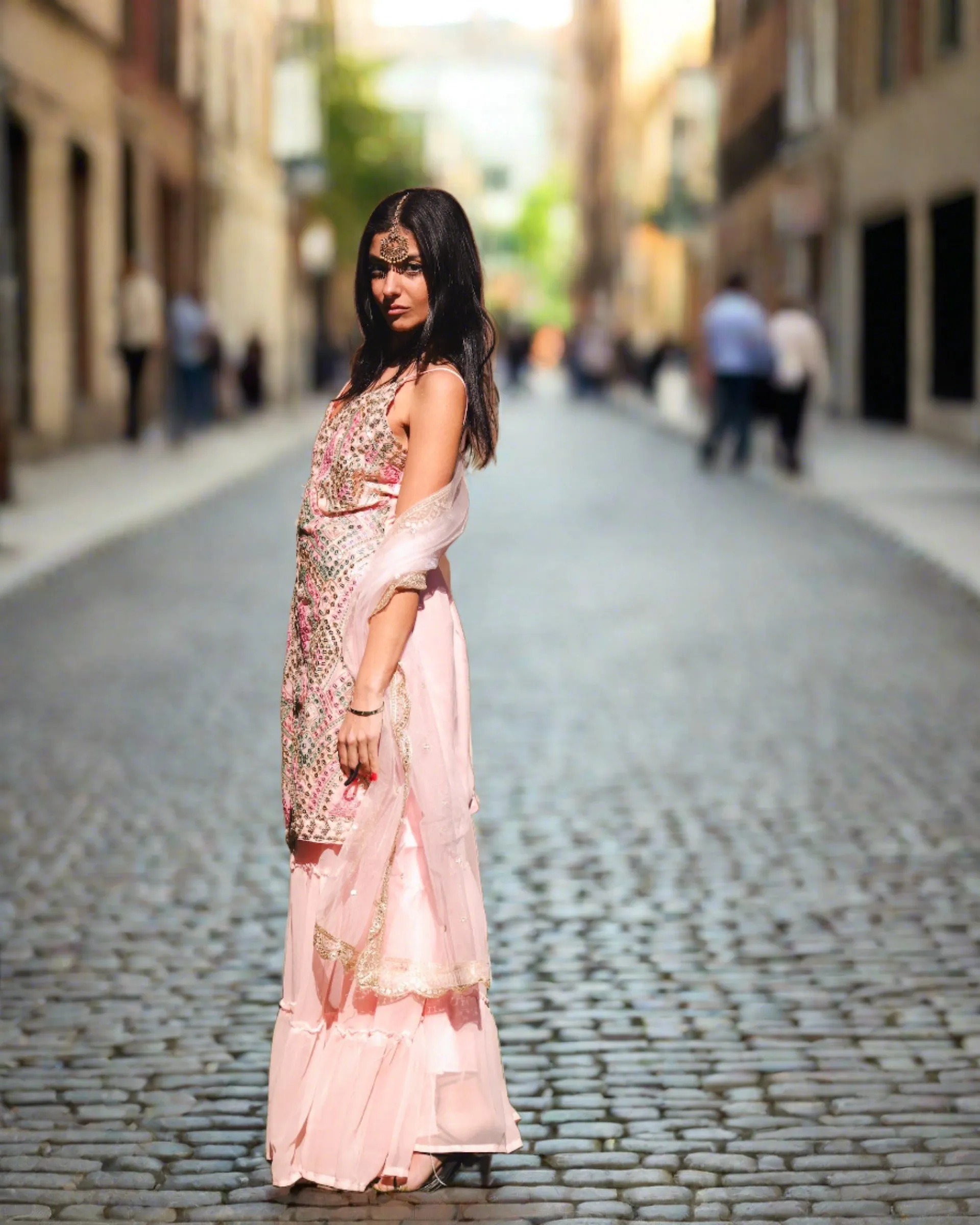 Fancy Embroidered Georgette Silk Peachy Pink Ruffle Sharara Suit