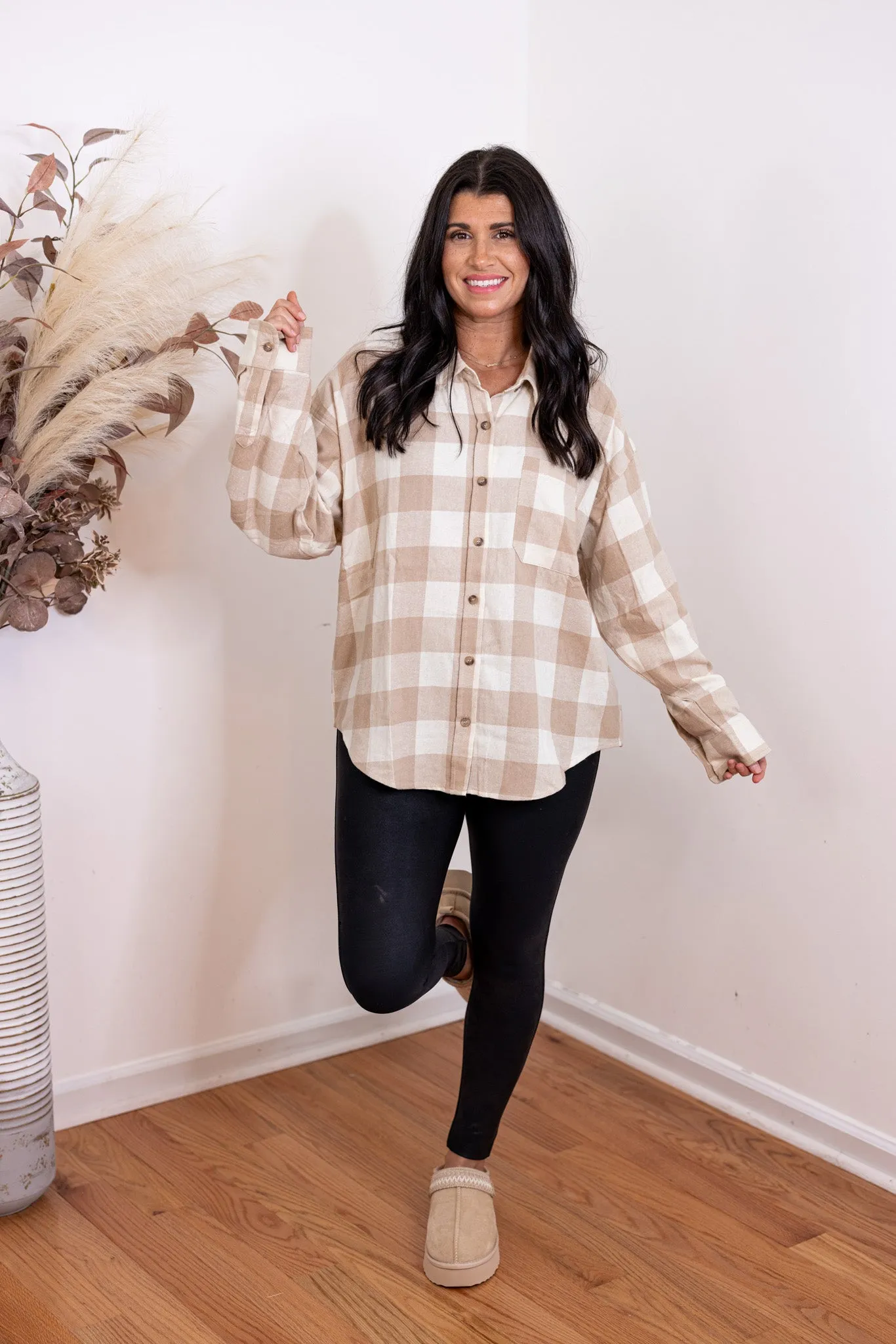 Flannel Perfection Taupe Plaid Top