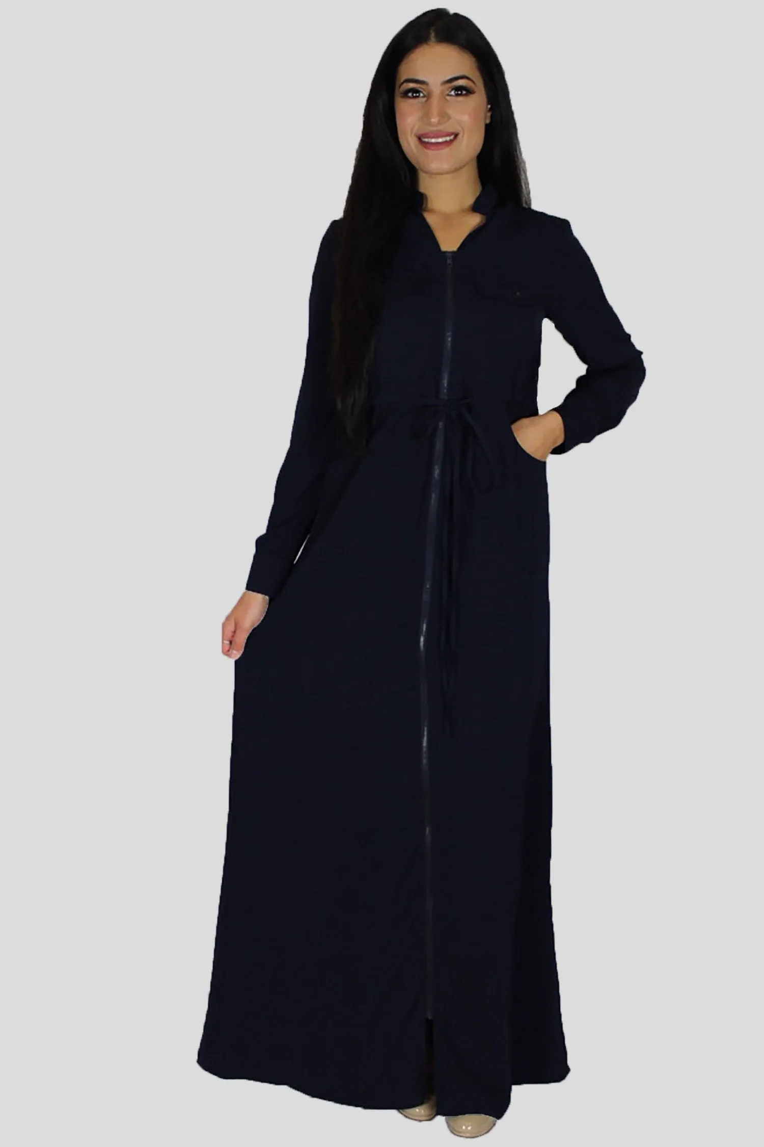 Navy Blue Zipper-Down Maxi Dress